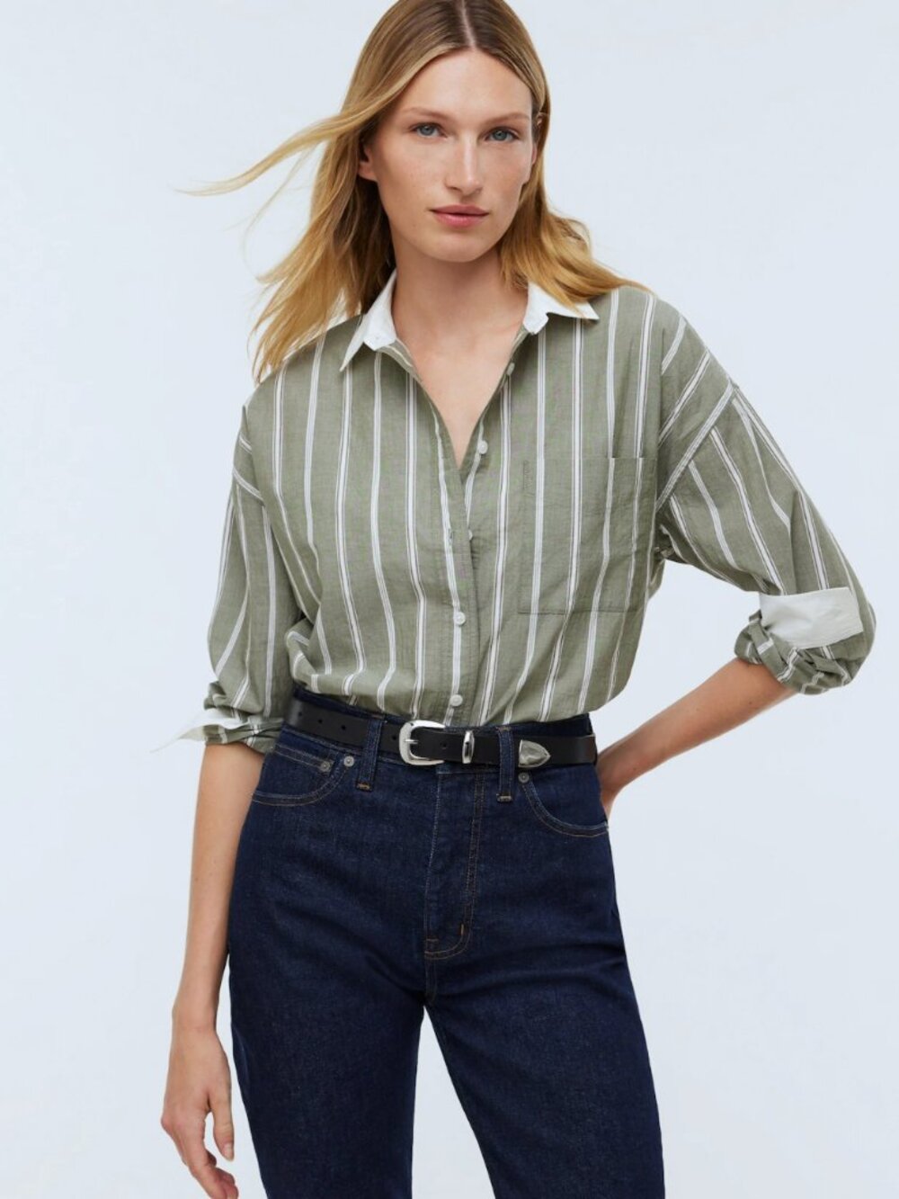 Madewell The Oversized Straight Hem Shirt Stripe Signature Poplin Desert Olive
